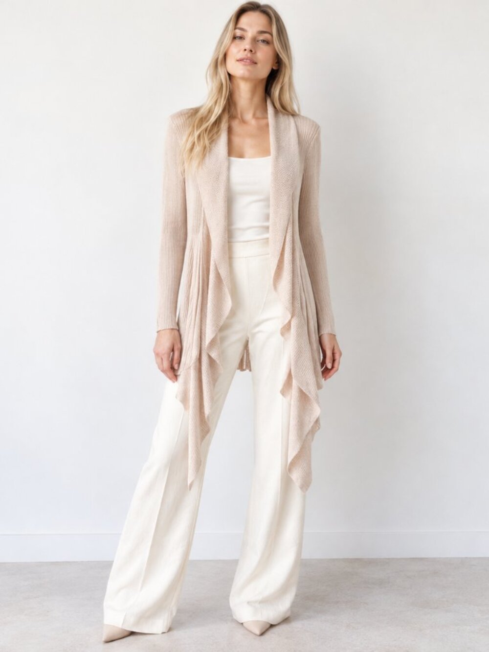 Max Studio Beige Open Front Waterfall Draped Asymmetrical Cardigan Size S
